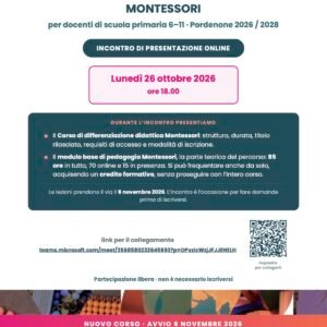 26 ottobre 2026: incontro di presentazione online del Corso 6-11 di Pordenone 2026/2028